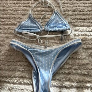 Frankie's Bikinis Light Blue and White Dot Swimwear
